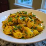 Close-up of Weeknight Jamaican Curry Chicken Gnocchi coated in rich yellow sauce and garnished with cilantro.