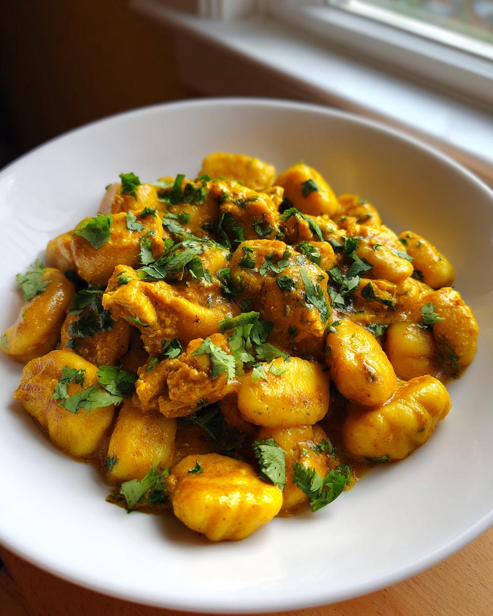 A close-up of Weeknight Jamaican Curry Chicken Gnocchi, featuring yellow curry sauce, chicken pieces, and fresh cilantro garnish.