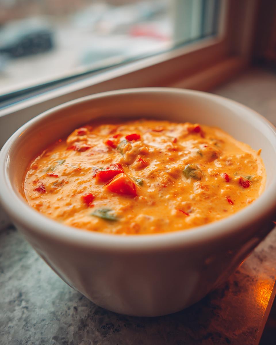 Close-up of creamy, orange Rotel Dip with visible diced tomatoes and peppers in a white serving bowl.