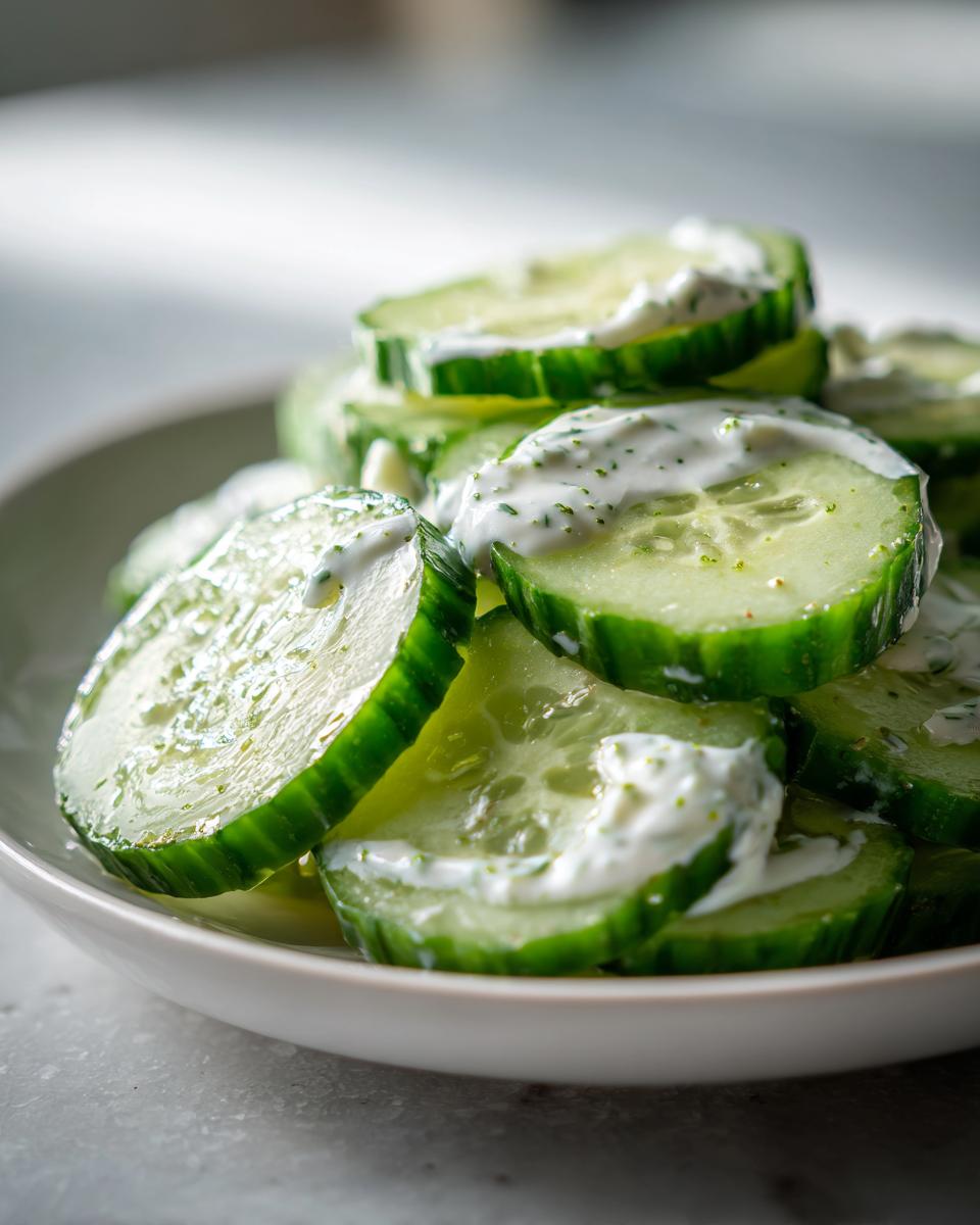 Close-up of sliced cucumbers topped with creamy ranch dressing, perfect for a 5 Minute Cucumber Snack With Ranch Flavors.