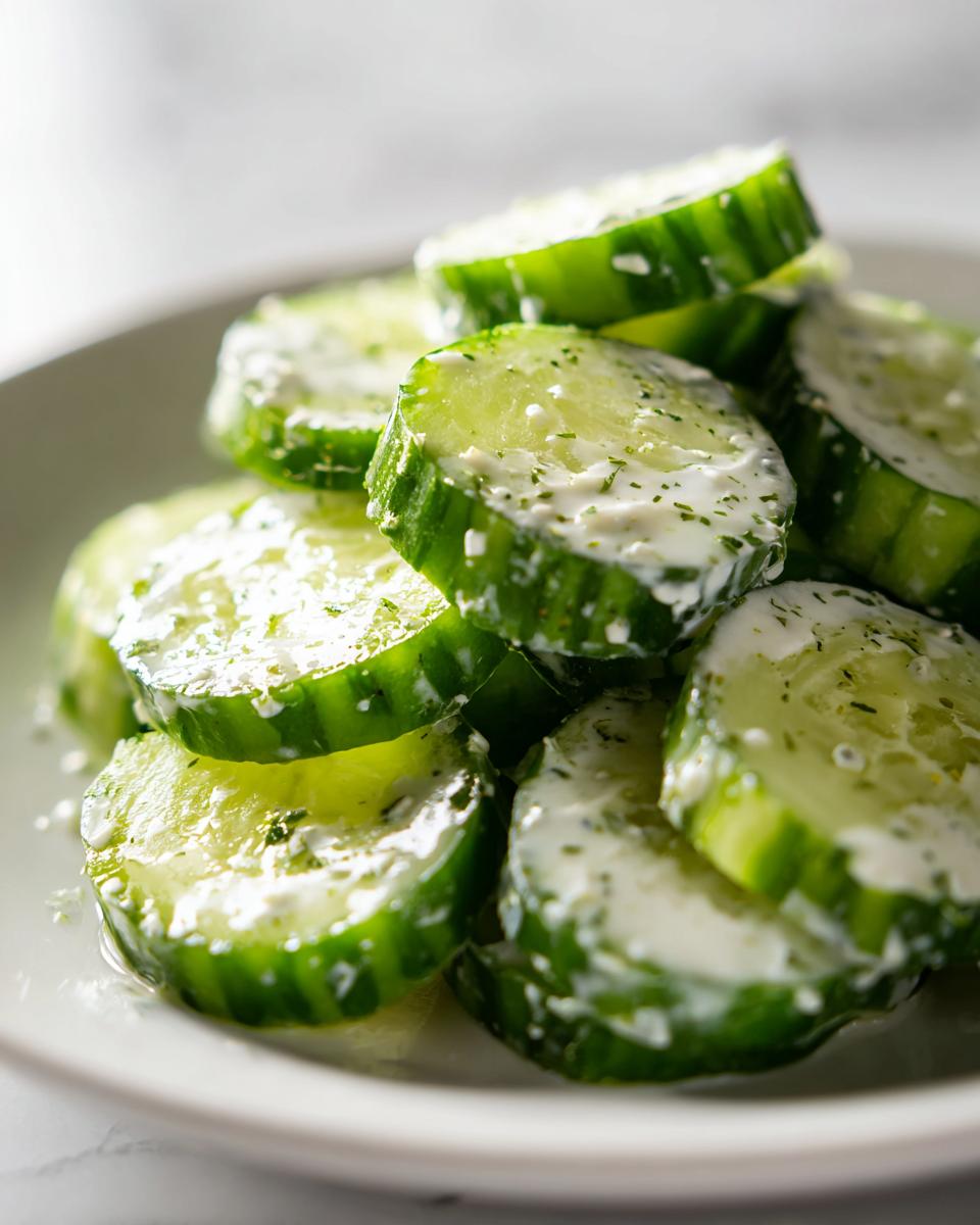 Close-up of sliced cucumbers coated in creamy ranch dressing, perfect for a 5 Minute Cucumber Snack With Ranch Flavors.