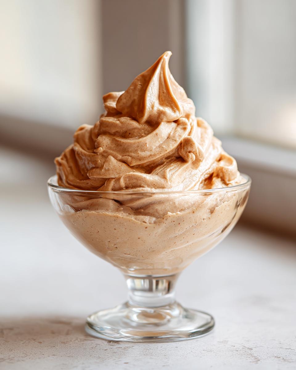 A perfectly piped swirl of light brown 5 Minute Peanut Butter Mousse served in a clear glass dessert dish.