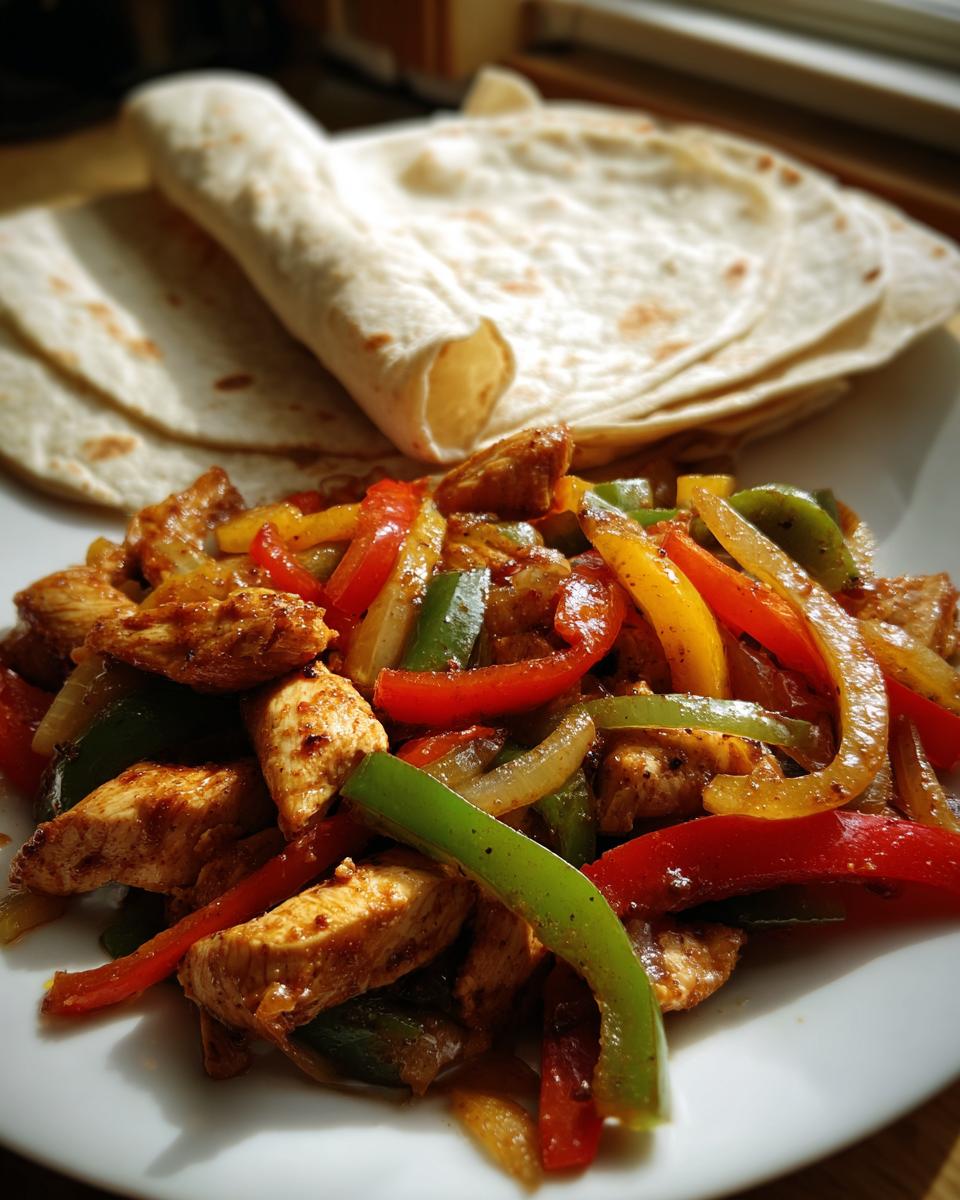 Close-up of seasoned chicken and colorful bell peppers, served with a stack of warm tortillas for Air Fryer Chicken Fajitas.