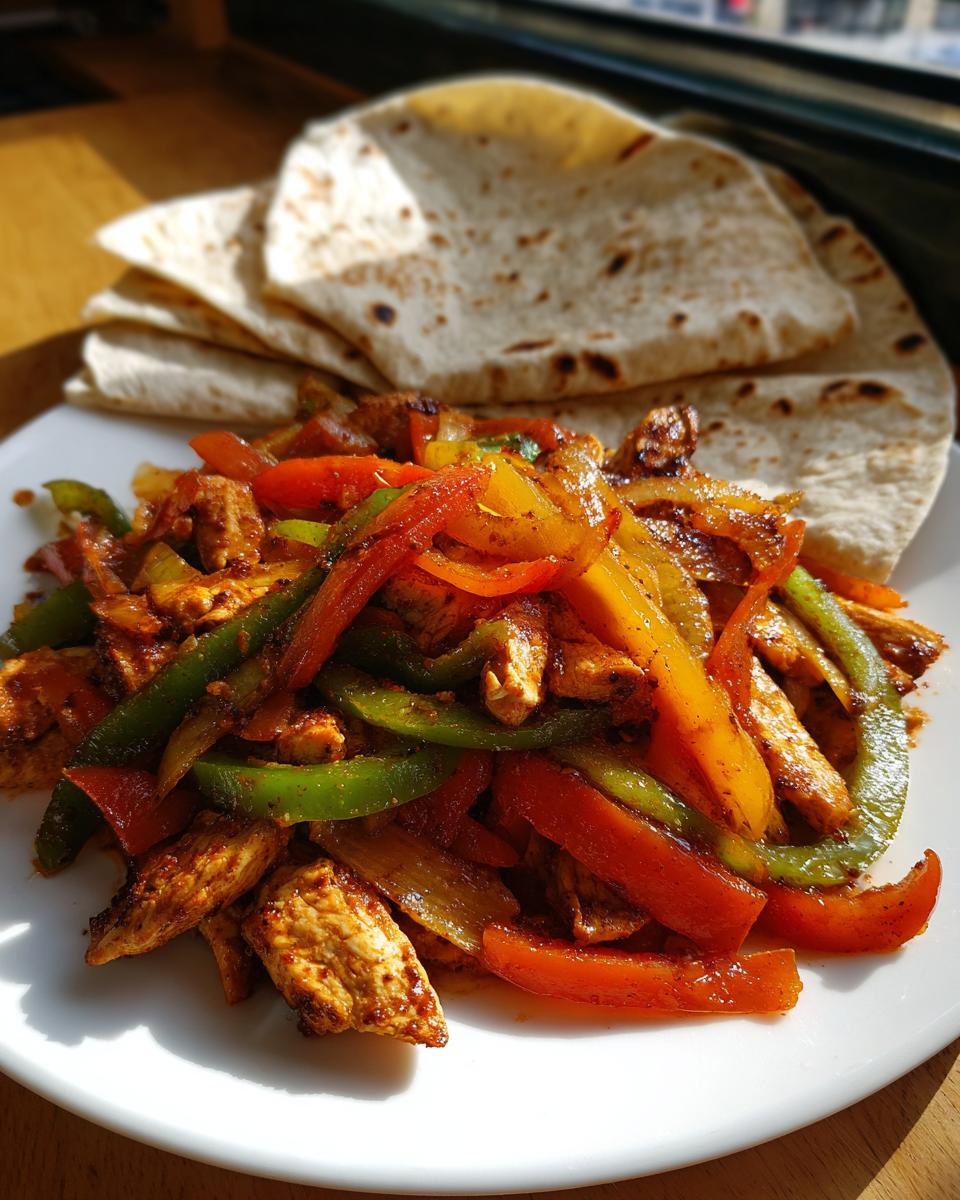 A plate of seasoned Air Fryer Chicken Fajitas with colorful bell peppers, served alongside a stack of warm tortillas.
