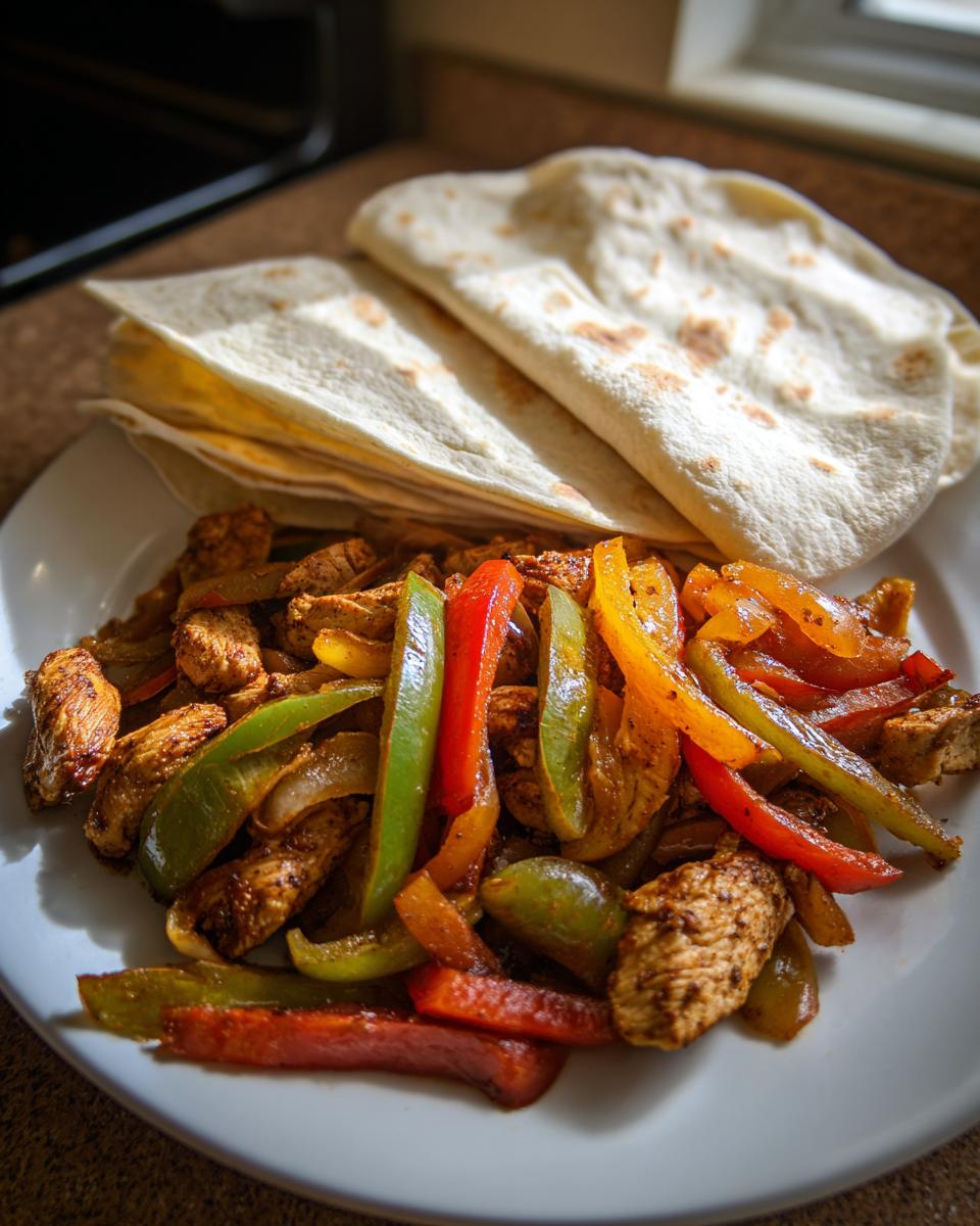 A white plate featuring seasoned Air Fryer Chicken Fajitas with colorful bell peppers and a stack of warm tortillas.