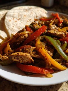 A plate of seasoned Air Fryer Chicken Fajitas with colorful peppers and tortillas on the side.