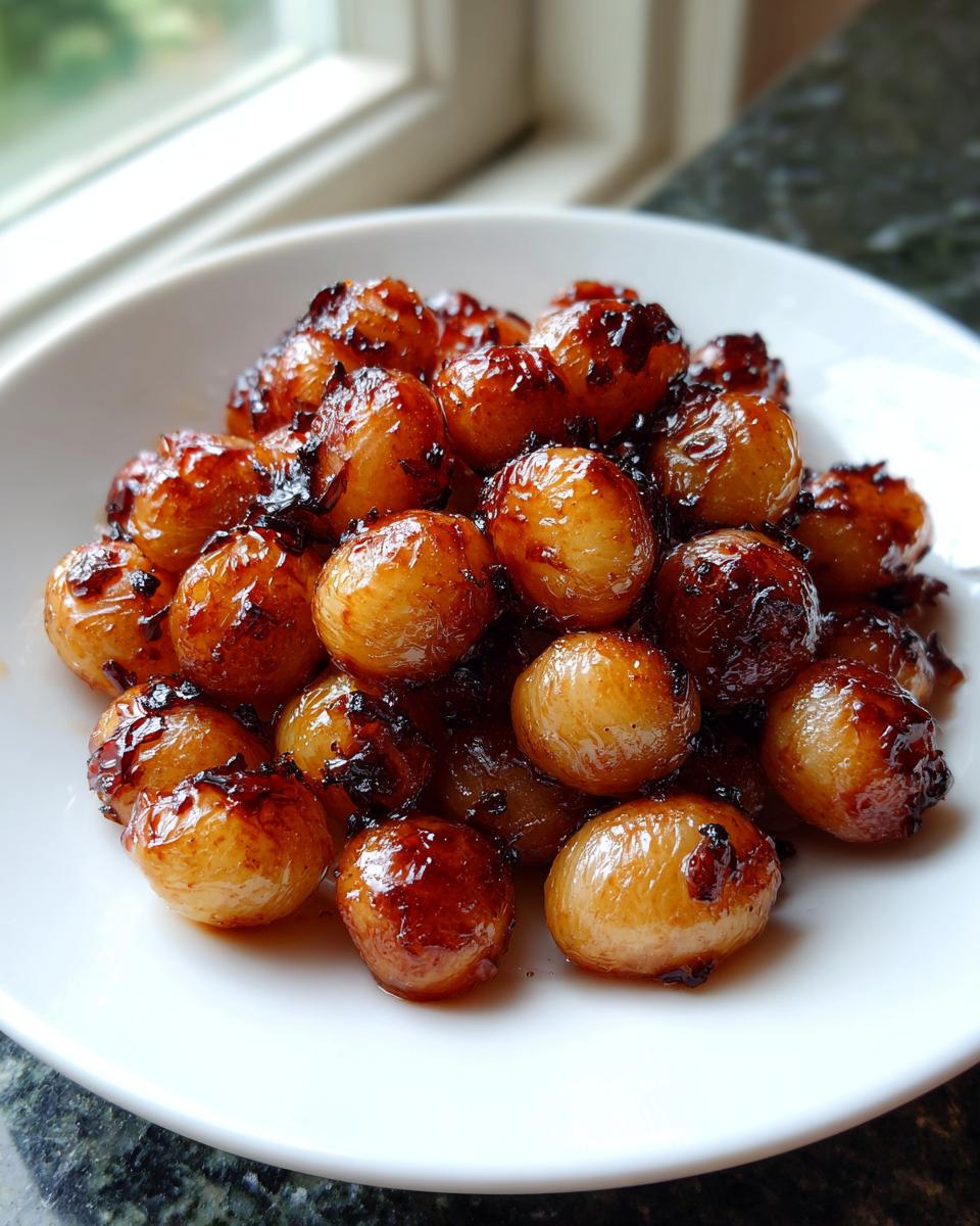 A close-up of glossy, caramelized Air Fryer Pearl Onions piled high on a white plate.