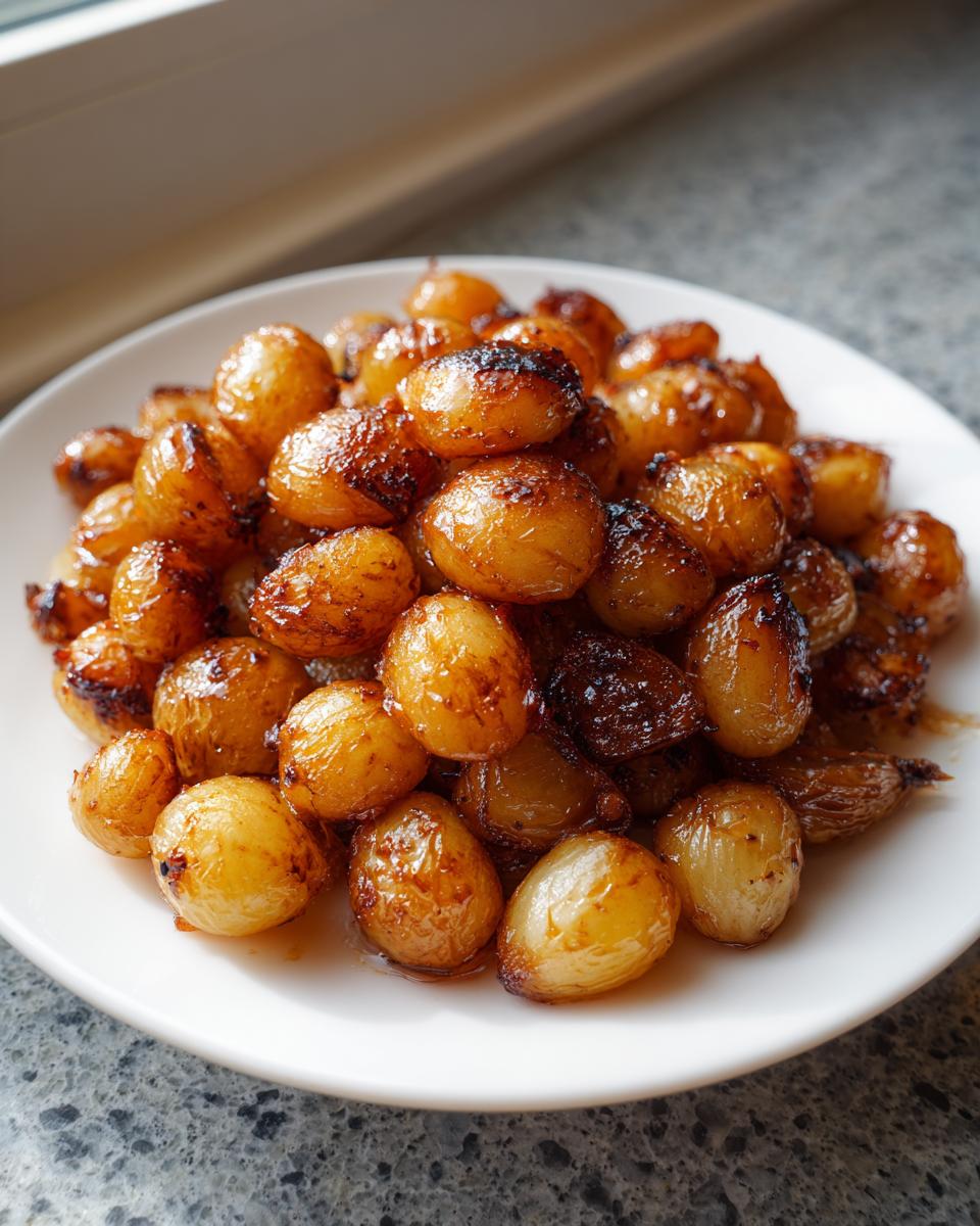 A close-up of perfectly caramelized Air Fryer Pearl Onions piled high on a white plate.