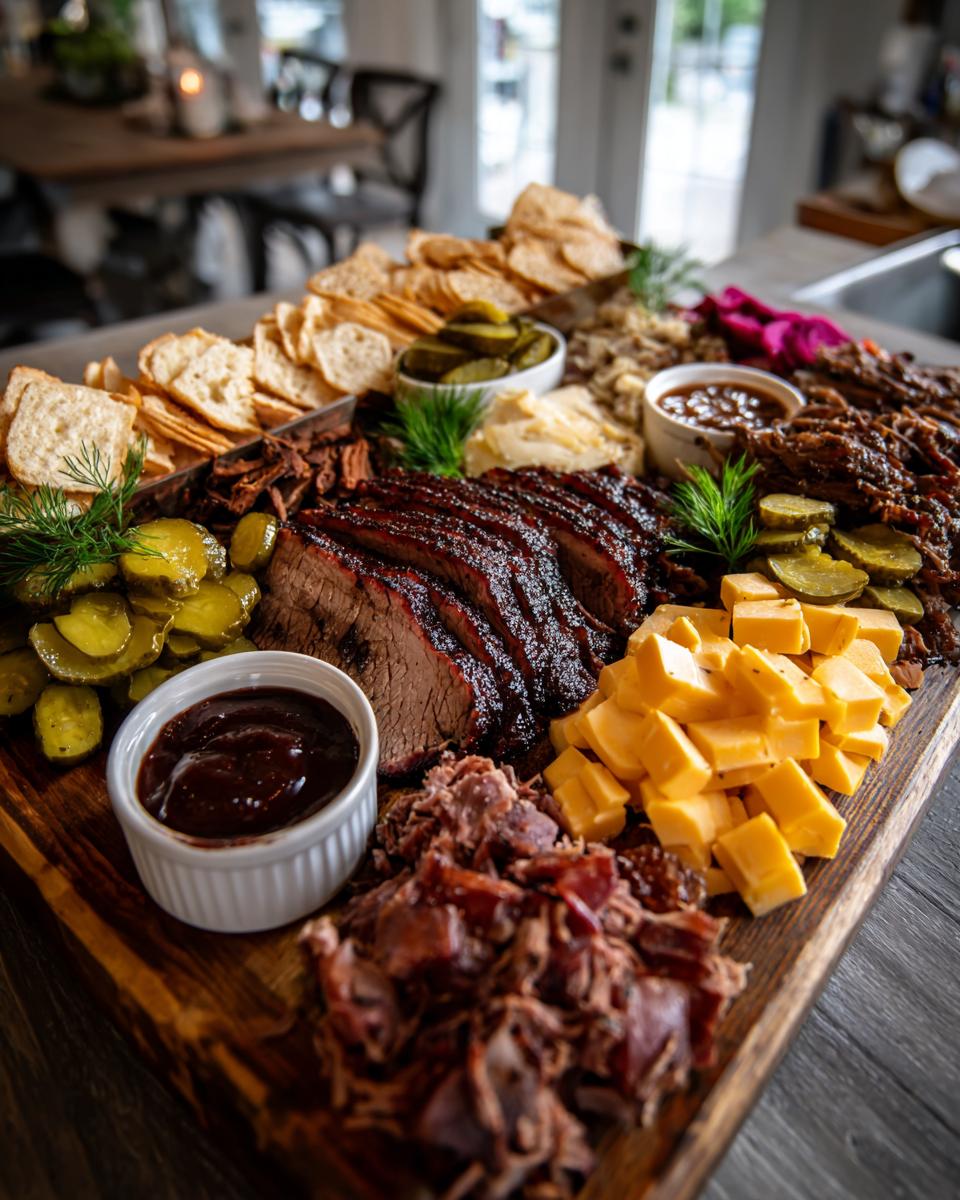 A large wooden platter showcasing an amazing BBQ Charcuterie Board with sliced smoked brisket, pulled pork, cheese cubes, pickles, and crackers.