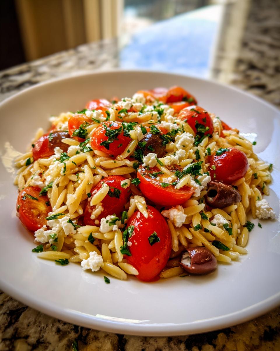 A close-up of a serving of Amazing Greek Orzo Salad featuring orzo pasta, halved cherry tomatoes, feta cheese, and Kalamata olives.