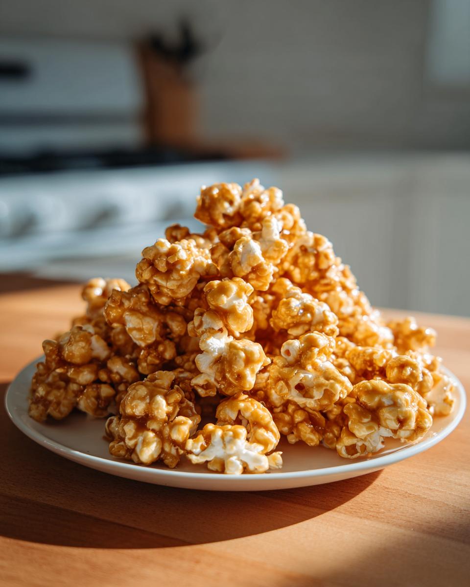 A mound of glossy, golden-brown salted caramel popcorn piled high on a white plate.