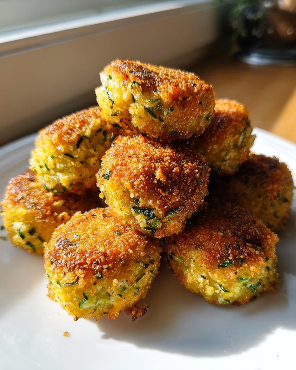 A stack of golden brown, crispy Zucchini Tots piled on a white plate, highlighted by natural sunlight.