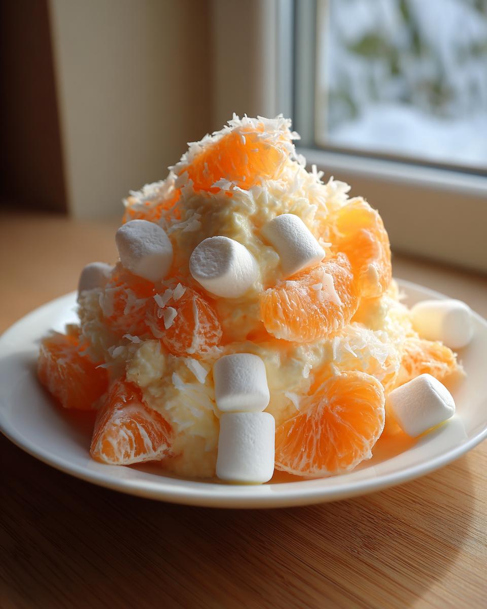 A serving of creamy Ambrosia Fruit Salad topped with mandarin orange segments, shredded coconut, and mini marshmallows.