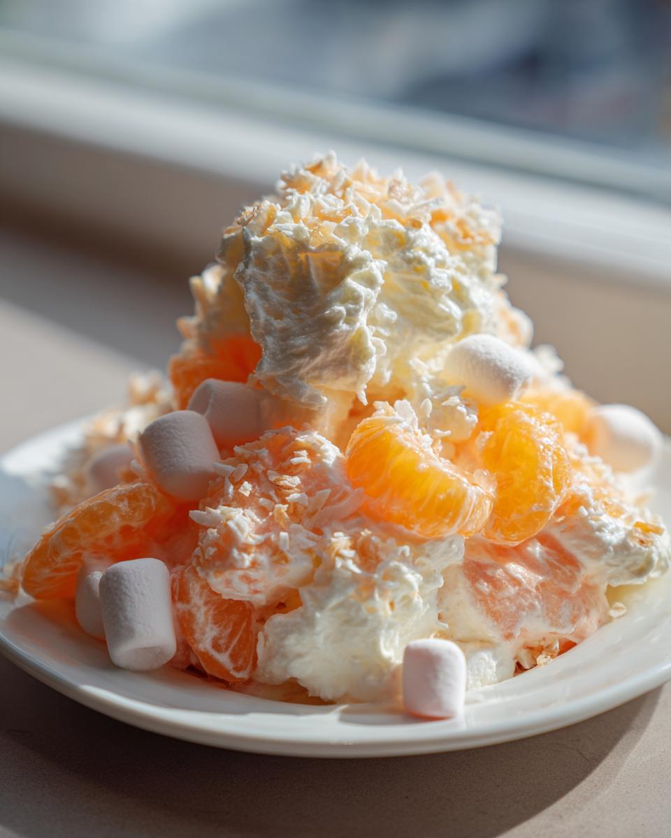 A serving of creamy Ambrosia Fruit Salad featuring mandarin oranges, whipped topping, marshmallows, and coconut flakes.