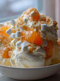 A close-up of a generous serving of creamy Ambrosia Fruit Salad topped with mandarin oranges, mini marshmallows, and toasted coconut.