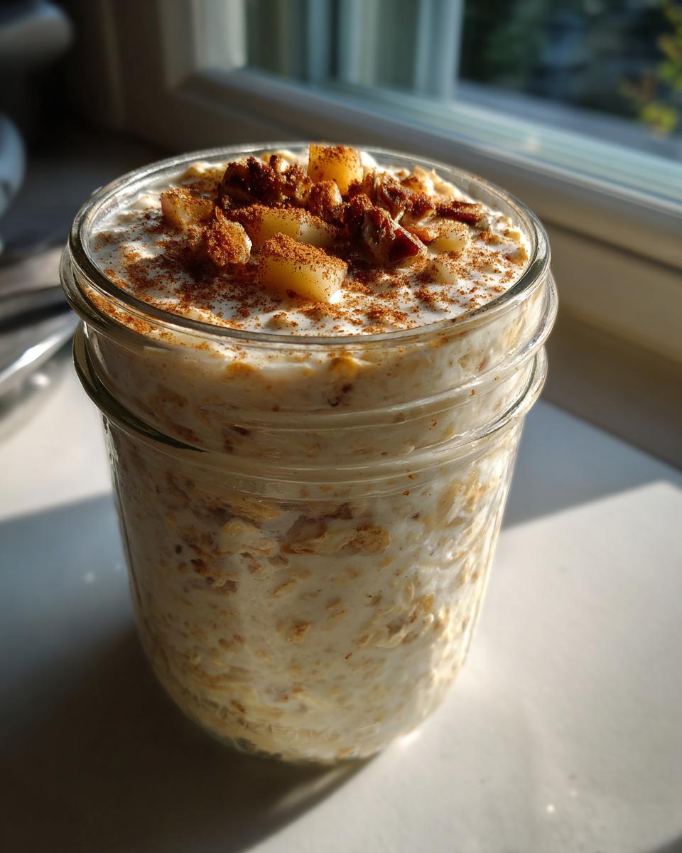 Close-up of Apple Cinnamon Overnight Oats topped with diced apples, pecans, and cinnamon.