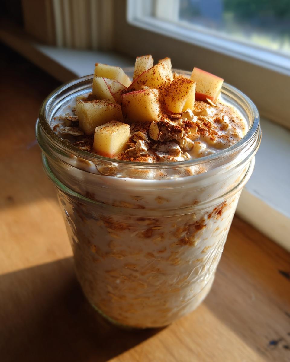 Close-up of Apple Cinnamon Overnight Oats in a glass jar, topped with diced apples and cinnamon.