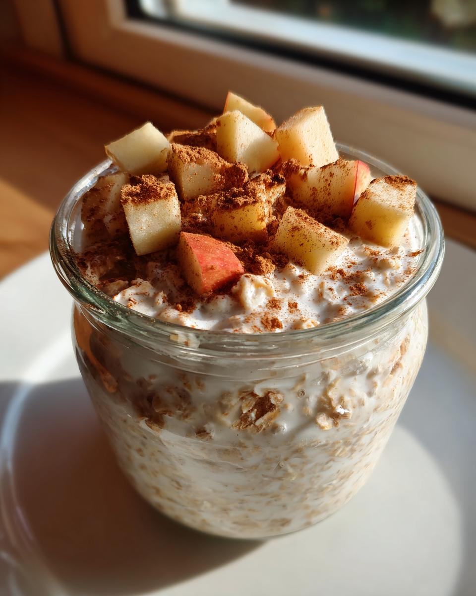 Close-up of Apple Cinnamon Overnight Oats in a glass jar, topped with diced apples and cinnamon powder.