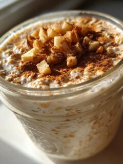 Close-up of Apple Cinnamon Overnight Oats in a glass jar, topped with diced apples and a sprinkle of cinnamon.
