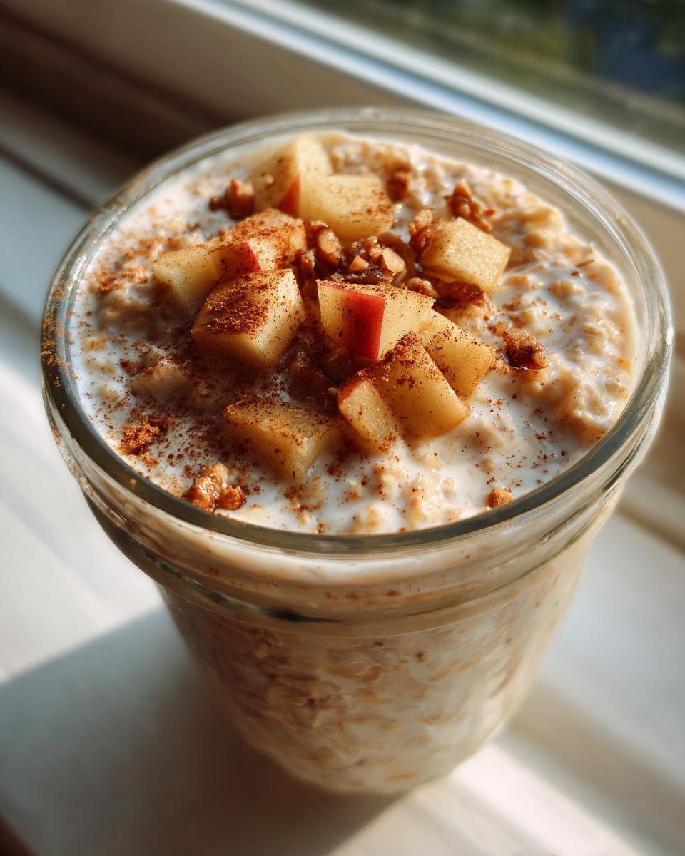 A close-up of Apple Cinnamon Overnight Oats topped with diced apples, cinnamon, and nuts in a glass jar.