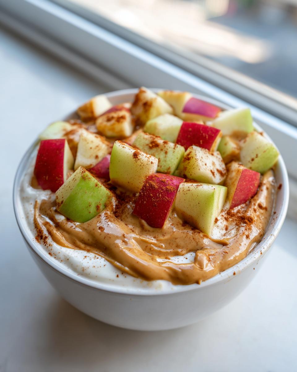 A white bowl filled with yogurt, topped with swirled peanut butter, diced red and green apples, and a sprinkle of cinnamon for an Apple Peanut Butter Yogurt Bowl.