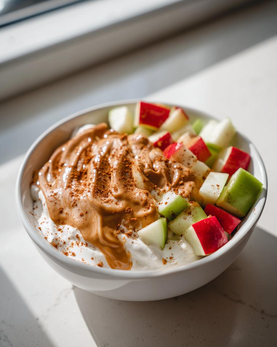 A white bowl filled with yogurt, topped with drizzled peanut butter, cinnamon, and diced red and green apples, making an Apple Peanut Butter Yogurt Bowl.