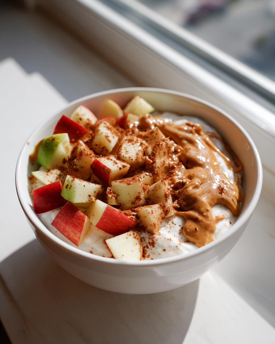 A white bowl filled with the Apple Peanut Butter Yogurt Bowl, topped with diced red apples, peanut butter drizzle, and cinnamon.