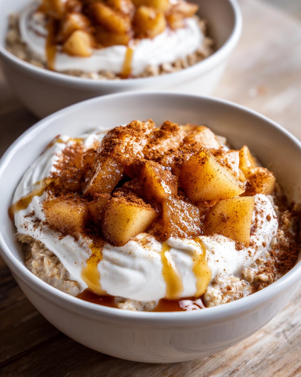 Close-up of a serving of Apple Pie Breakfast Bowl 2 topped with yogurt, caramelized apples, cinnamon, and caramel drizzle.