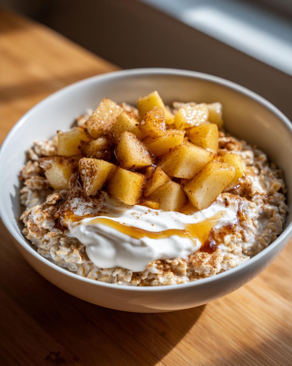 Close-up of a warm Apple Pie Breakfast Bowl 2 topped with cinnamon apples, yogurt, and syrup.