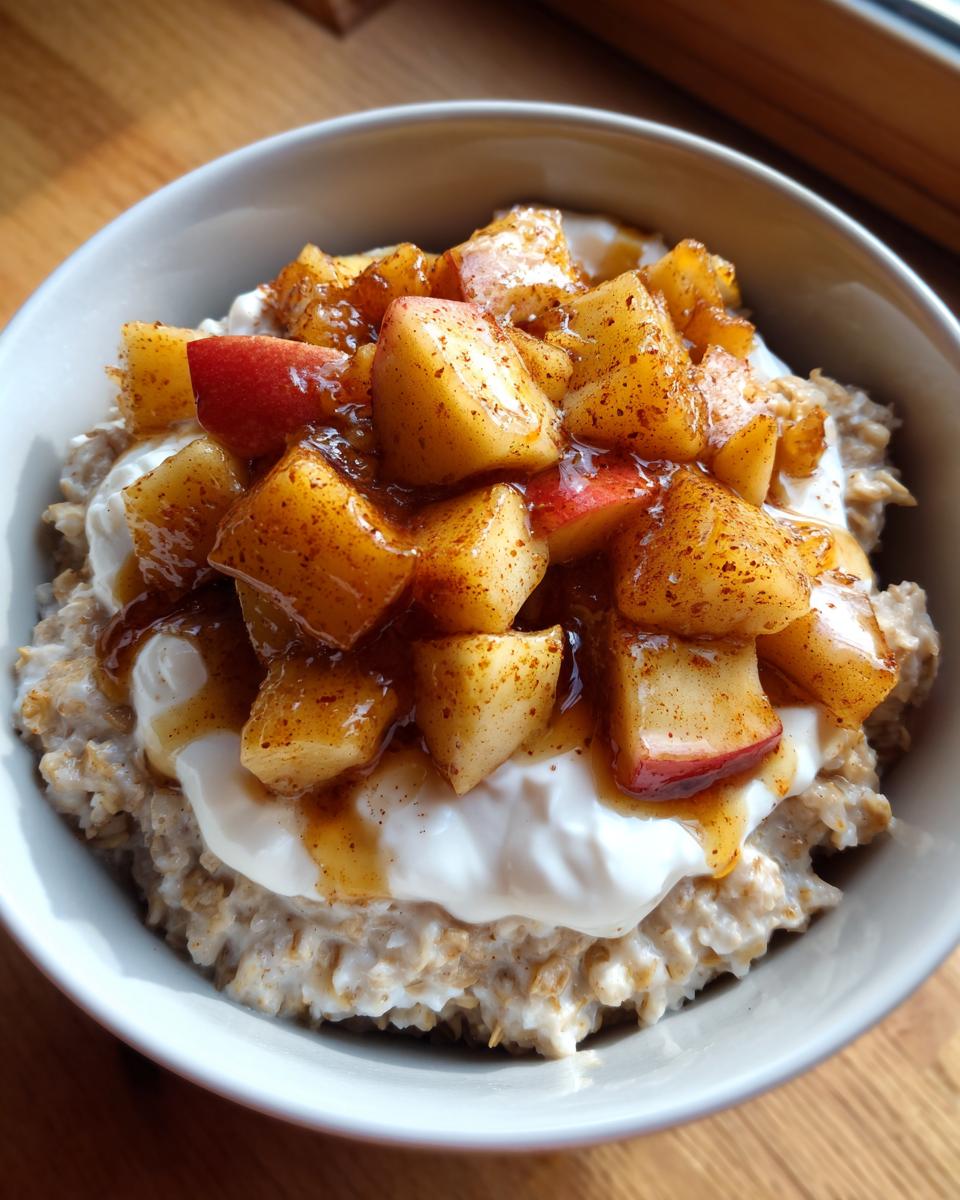 A close-up of the Apple Pie Breakfast Bowl 2 featuring oatmeal topped with yogurt and warm, spiced apple chunks.