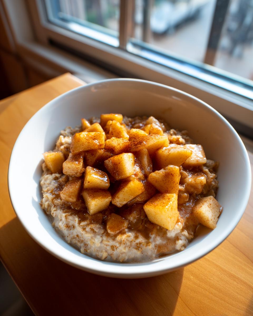 A white bowl filled with oatmeal topped generously with diced, cinnamon-spiced apples, ready to eat as an Apple Pie Breakfast Bowl.
