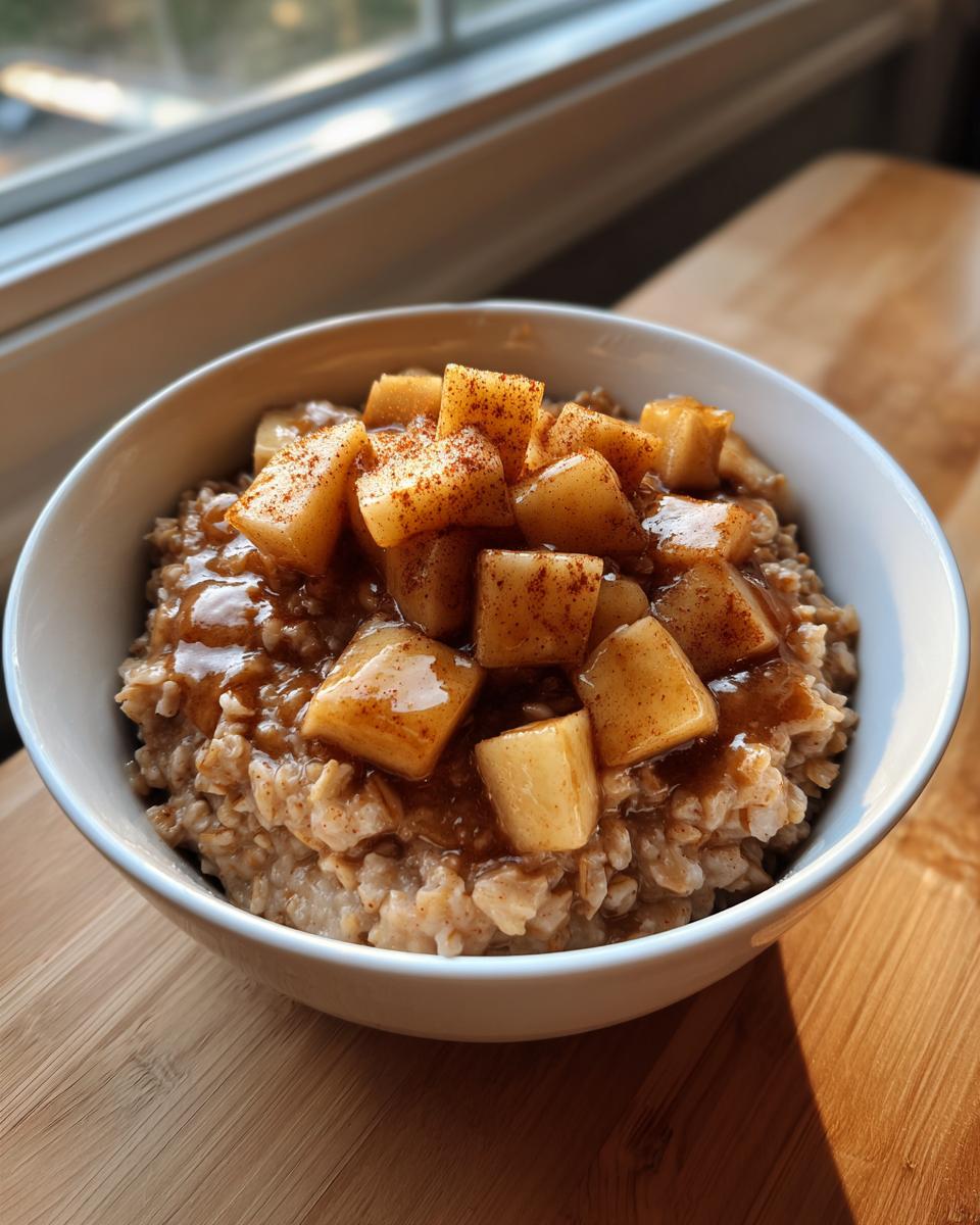 A white bowl filled with oatmeal topped with caramelized, diced apples sprinkled with cinnamon, resembling an Apple Pie Breakfast Bowl.