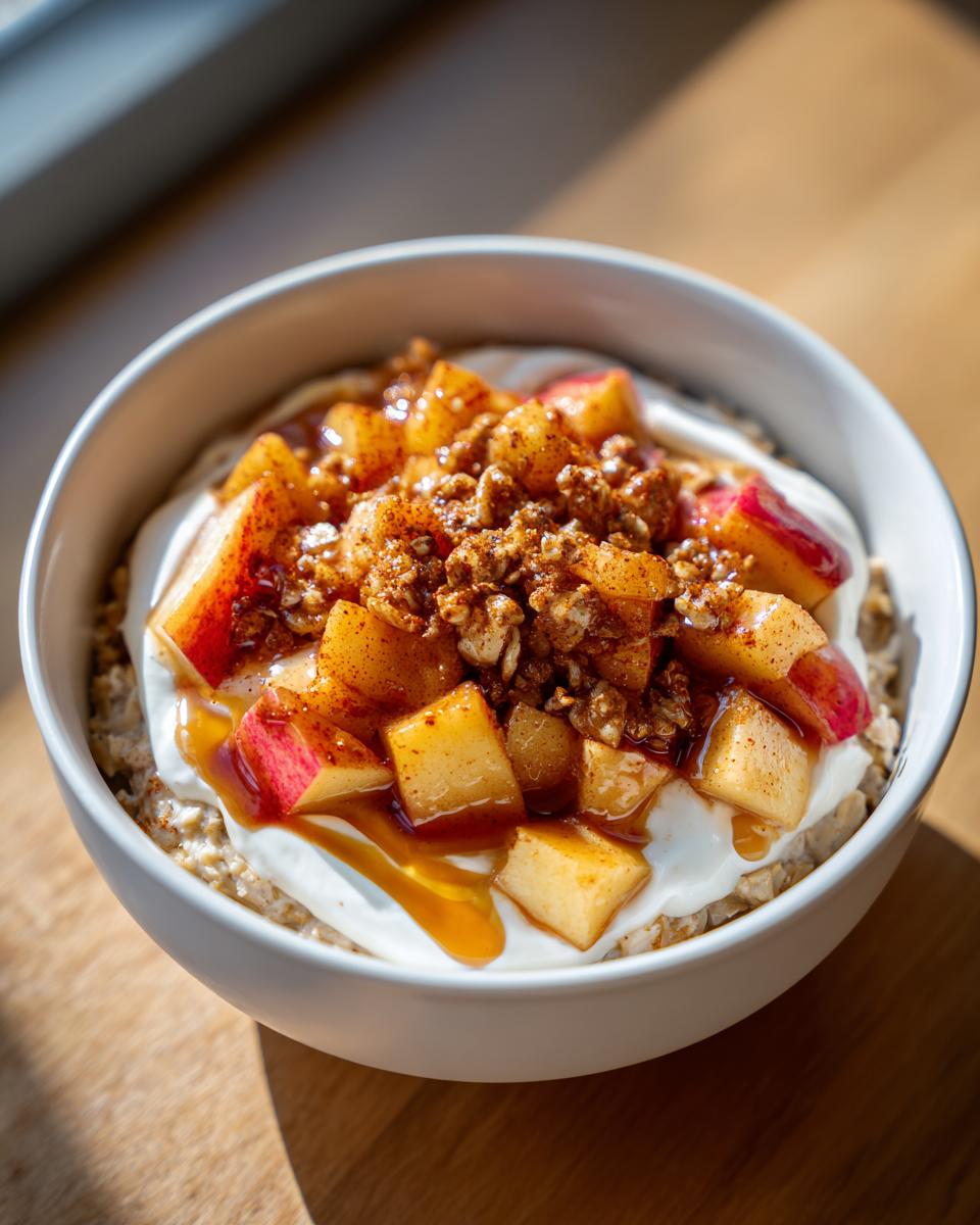 A white bowl filled with Apple Pie Breakfast Bowl, topped with yogurt, cinnamon apples, and caramel sauce.