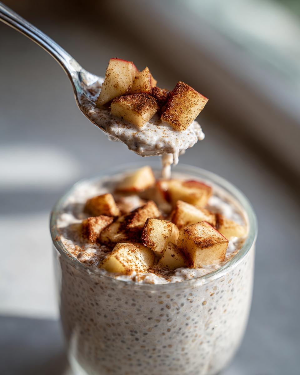 A spoonful of Apple Pie Chia Seed Pudding topped with diced, cinnamon-dusted apples being lifted from the glass.