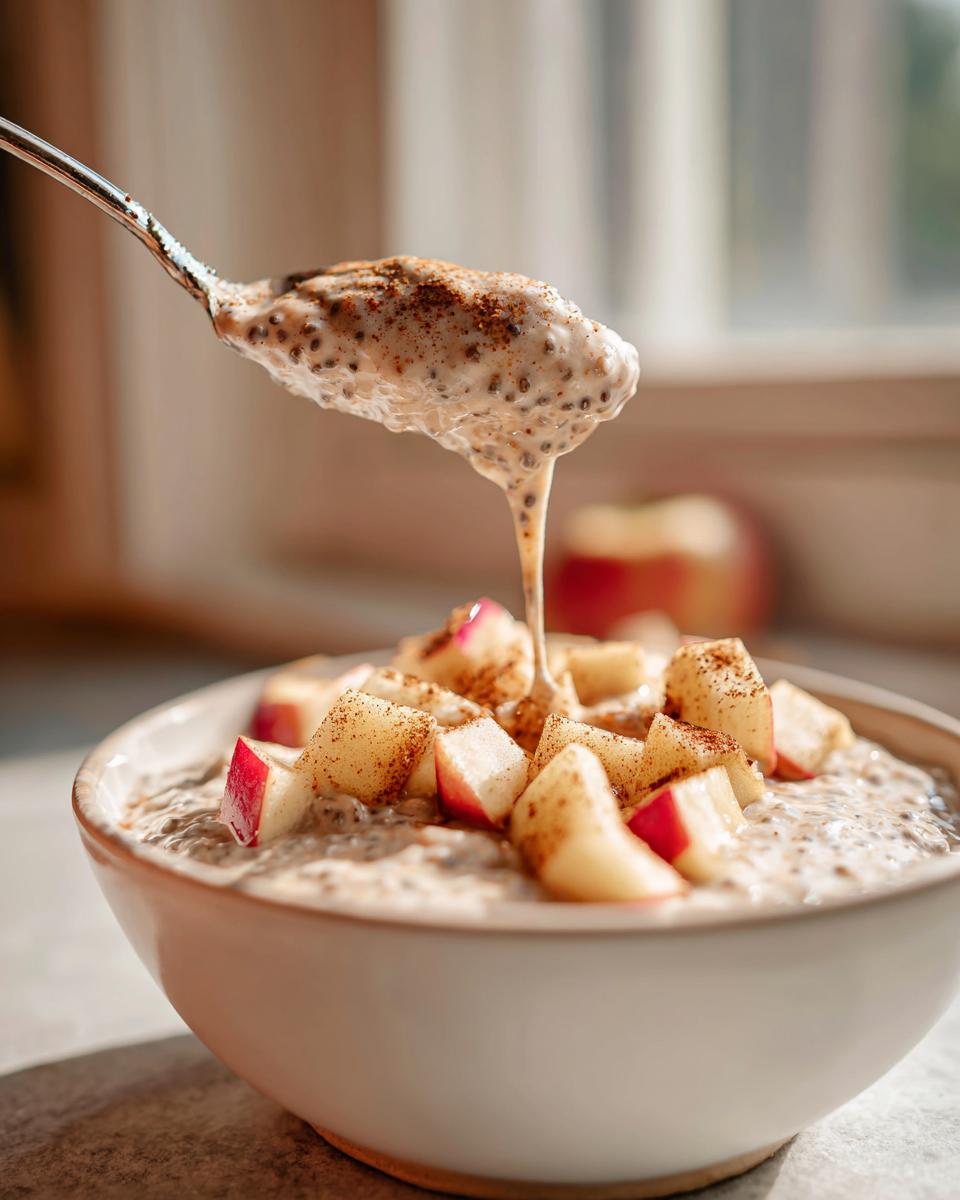 A spoonful of creamy Apple Pie Chia Seed Pudding being drizzled back into a bowl topped with diced apples and cinnamon.