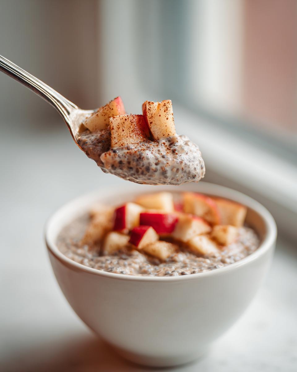 A spoonful of creamy Apple Pie Chia Seed Pudding topped with diced apples and cinnamon.
