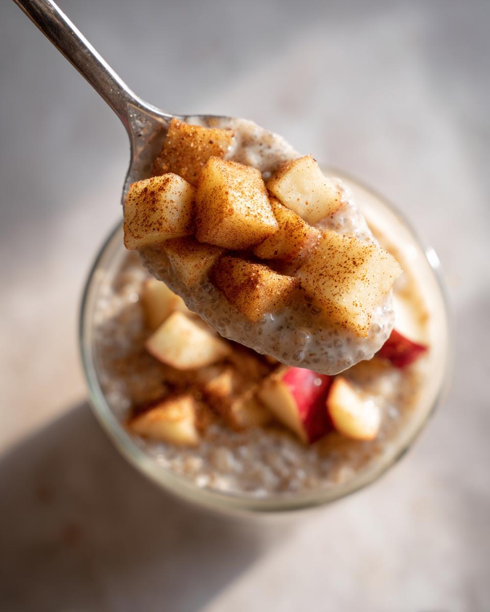 Close-up of a spoonful of Apple Pie Chia Seed Pudding topped with cinnamon apples.