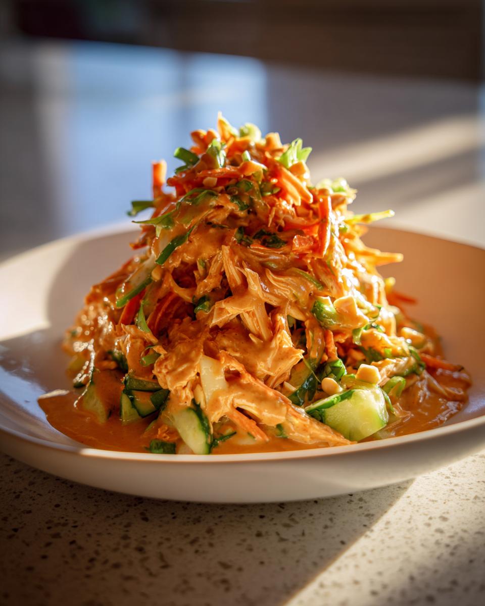 A mound of Asian Peanut Chicken Salad featuring shredded chicken, carrots, and cucumbers tossed in a rich peanut sauce.