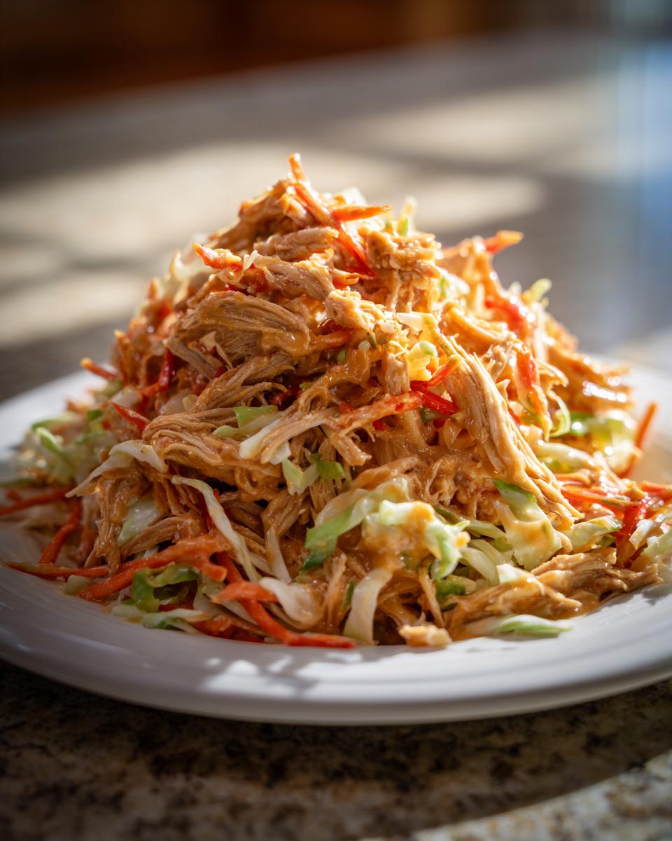 A mound of Asian Peanut Chicken Salad featuring shredded chicken, cabbage, and carrots coated in peanut sauce on a white plate.