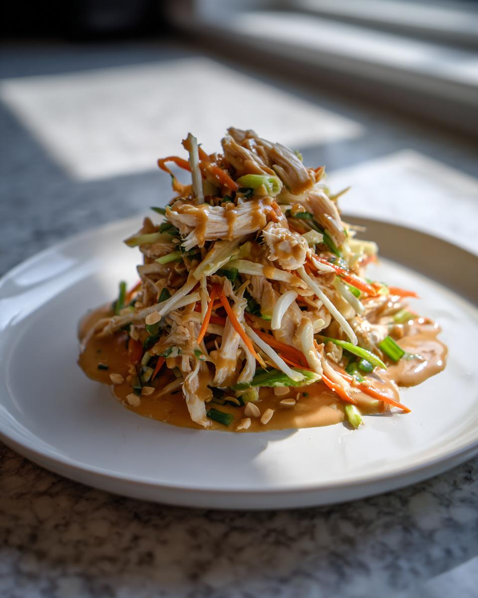 A serving of Asian Peanut Chicken Salad featuring shredded chicken, julienned vegetables, and rich peanut sauce on a white plate.