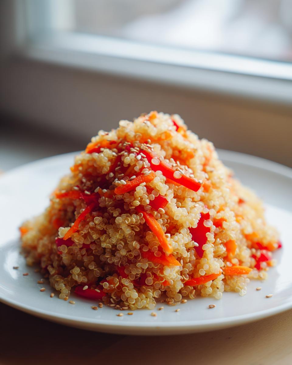 A mound of Asian Quinoa Salad mixed with julienned carrots and topped with toasted sesame seeds, served on a white plate.
