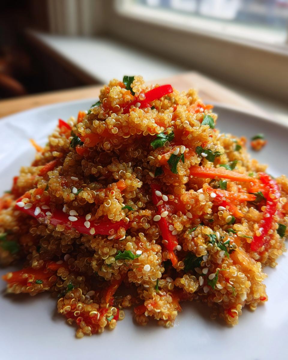 A close-up of a vibrant mound of Asian Quinoa Salad mixed with shredded carrots, red peppers, and sesame seeds on a white plate.