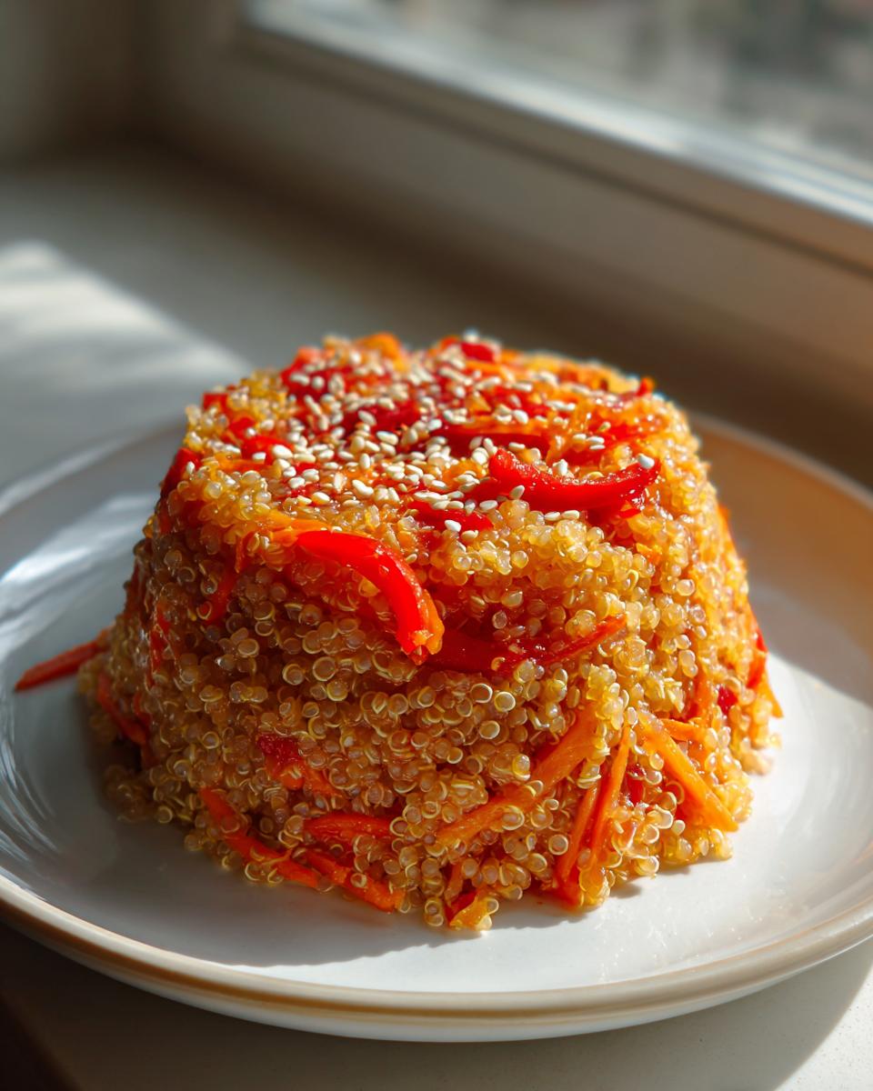A molded serving of Asian Quinoa Salad mixed with shredded carrots and red peppers, topped with sesame seeds.