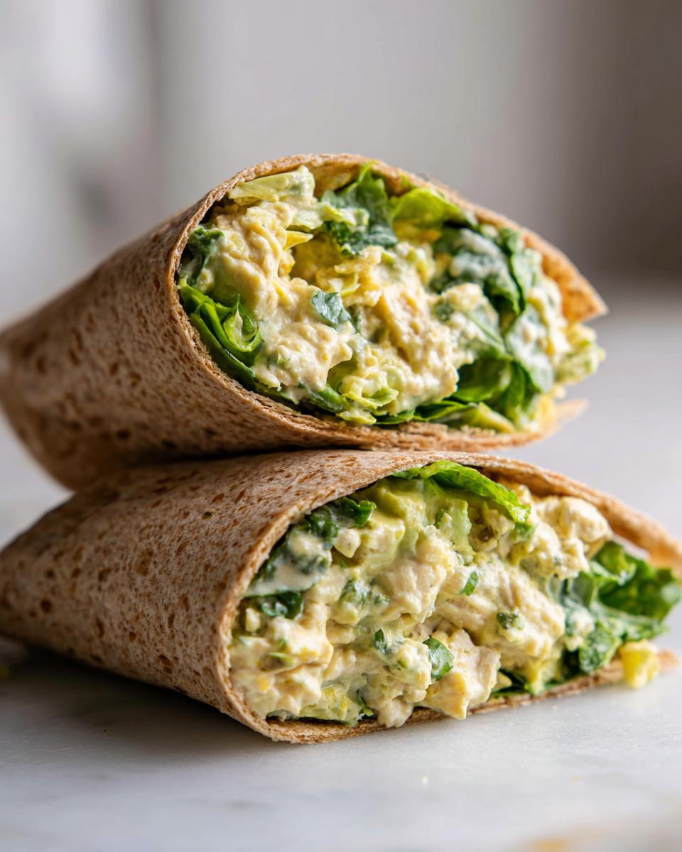 Two halves of a whole wheat Avocado Chicken Caesar Salad Wrap stacked, showing creamy filling and lettuce.