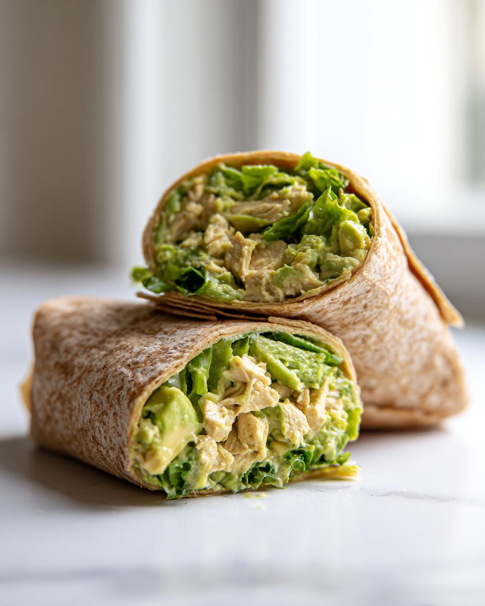 Two halves of an Avocado Chicken Caesar Salad Wrap showing creamy filling, chicken, and lettuce inside a whole wheat tortilla.