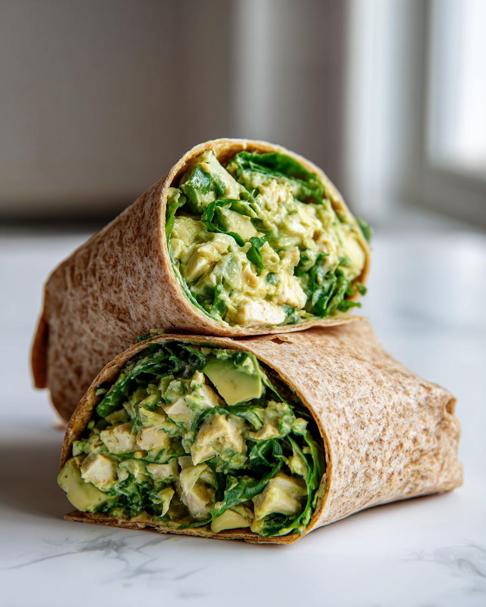 Two halves of Avocado Chicken Caesar Salad Wraps stacked, showing creamy filling with chicken, avocado, and greens.