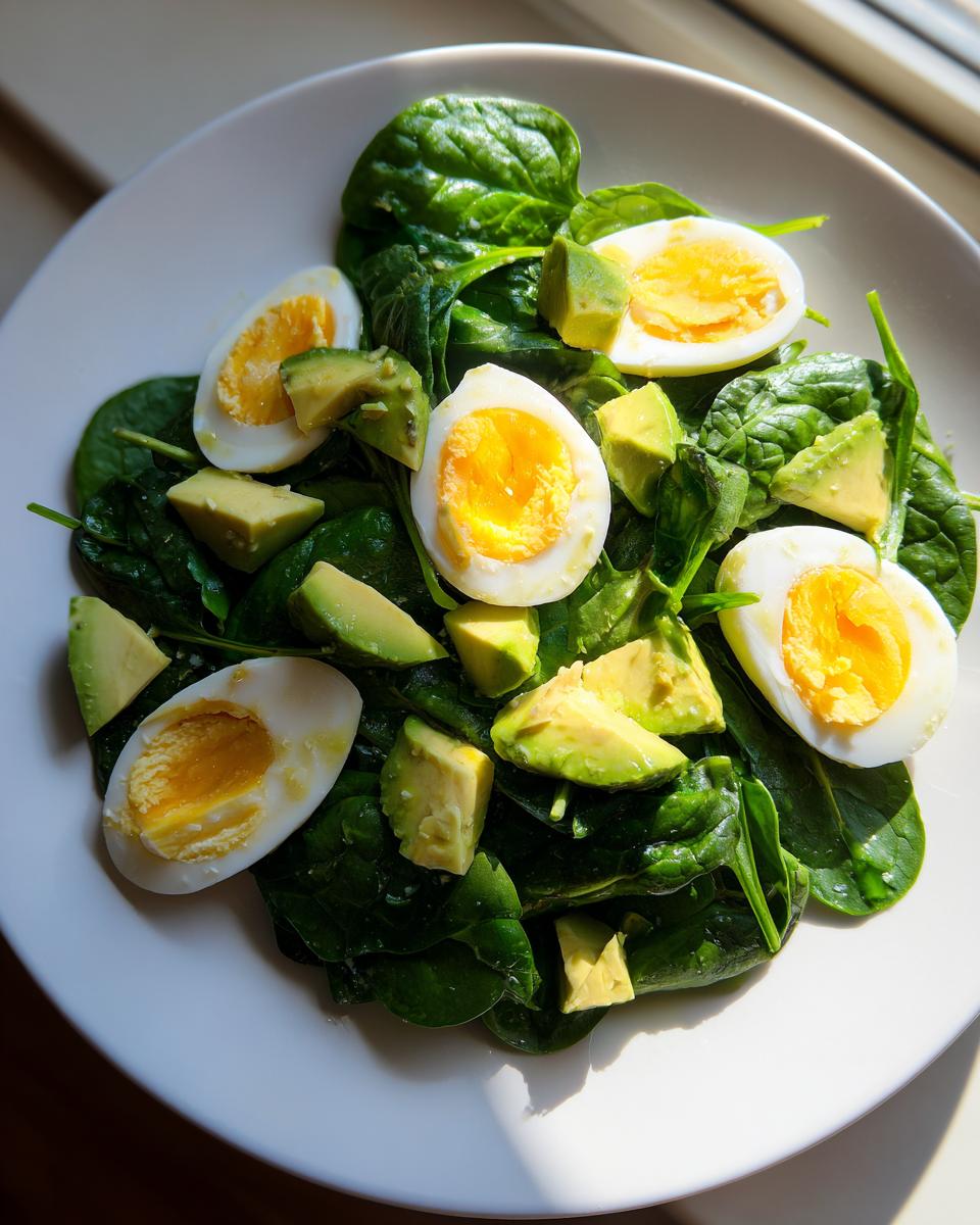 Close-up of a vibrant Avocado Egg And Spinach Salad featuring halved hard-boiled eggs and diced avocado over fresh spinach leaves.