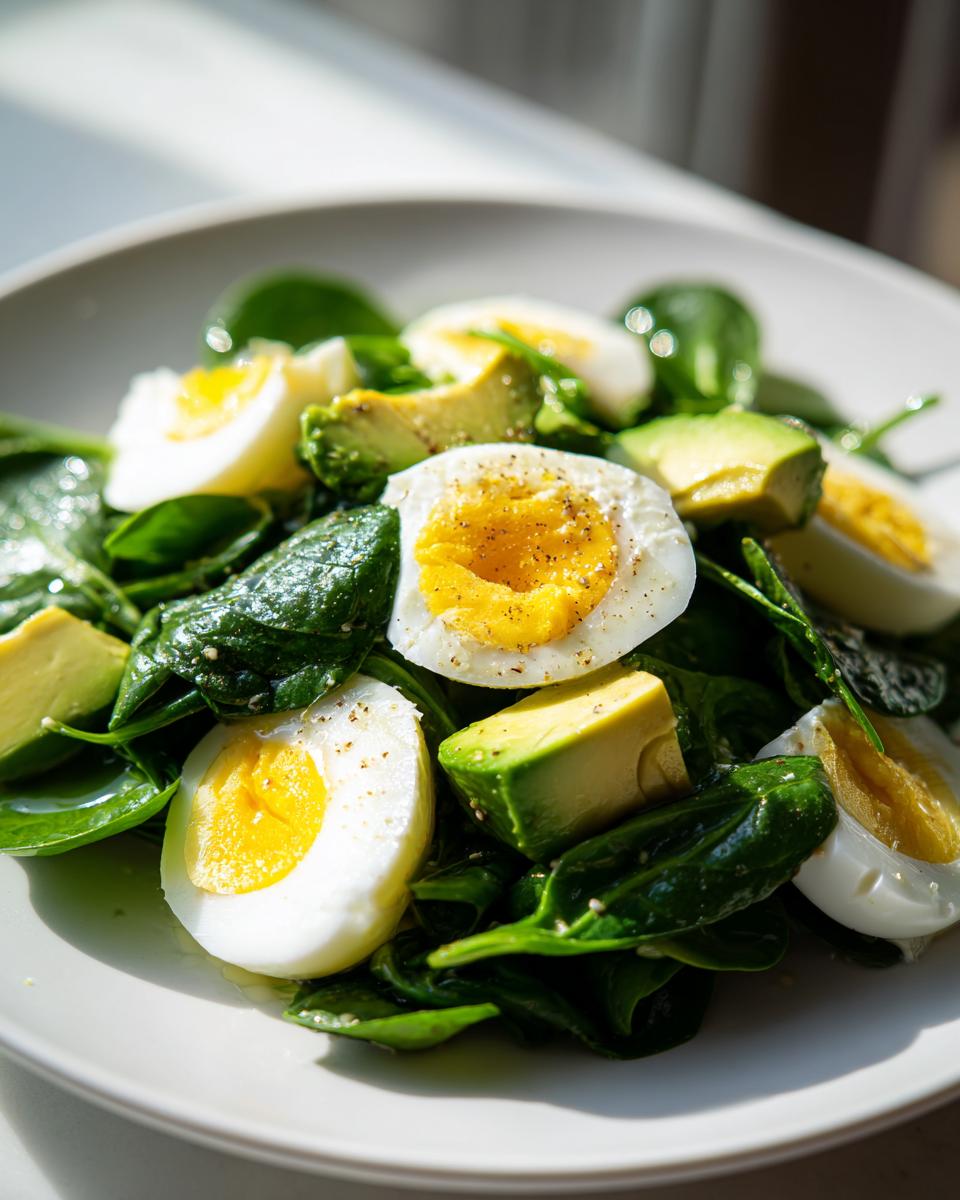 Close-up of a vibrant Avocado Egg And Spinach Salad featuring halved soft-boiled eggs and chunks of avocado on dark green spinach.