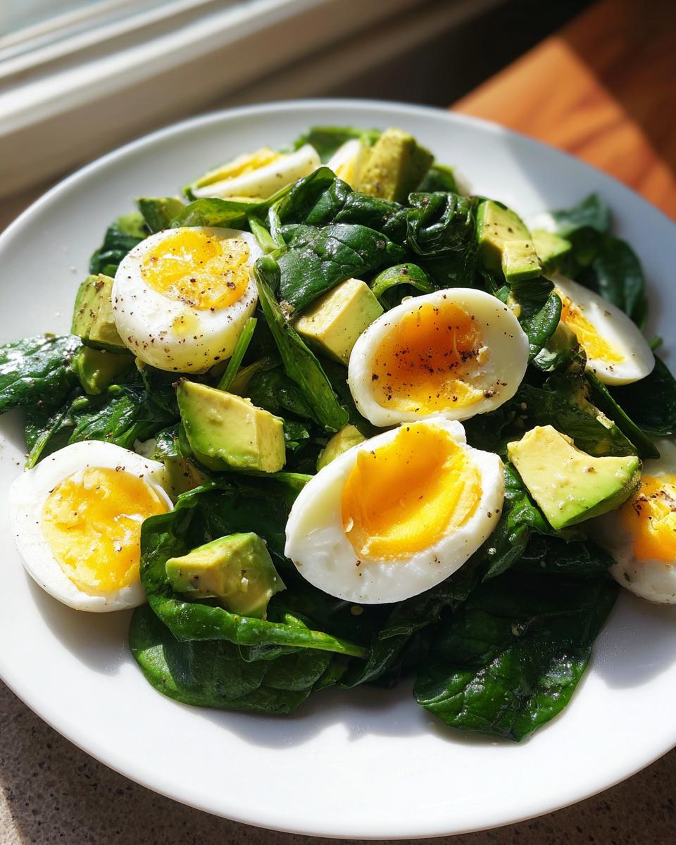 Close-up of a vibrant Avocado Egg And Spinach Salad featuring halved soft-boiled eggs and cubed avocado on a white plate.