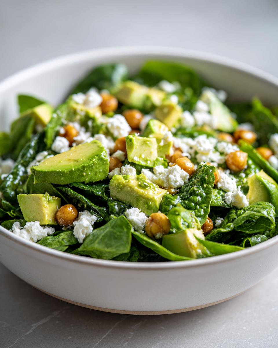 Close-up of a white bowl filled with the Avocado Feta Chickpea Bowl, featuring spinach, avocado chunks, feta cheese, and chickpeas.